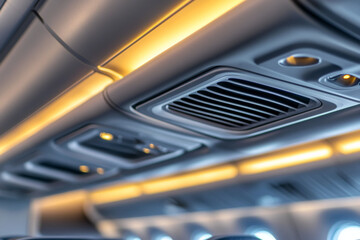 Naklejka premium Close-up view of an aircraft cabin’s overhead panel showing air conditioning vents, reading lights, and illuminated ambient lighting, capturing the modern interior of a passenger jet.