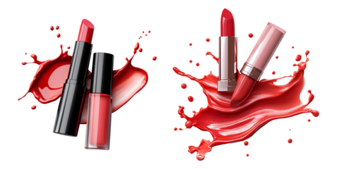 3d red lipstick and pink lip gloss tube with cream liquid foundation wave splash isolated on clean and clear white background.. Makeup cosmetic beauty product for sale banner. Luxury promo poster. 