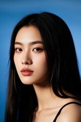 Obraz premium a close up of a woman with long black hair and a black top