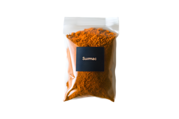 Sumac spice in a clear plastic bag on black background