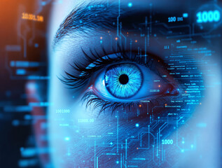Human eye with glowing iris surrounded by digital data overlays on a futuristic blue tech background, symbolizing cyber security and data analysis. Ai generative