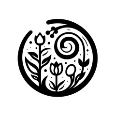 Floral Harmony: A Black & White Circular Botanical Design