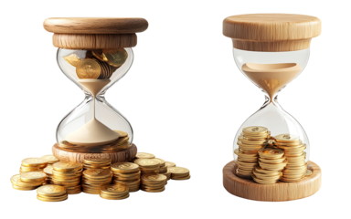 3d time is money, wood hourglass with stack gold coins png icon. Glass sand clock with cash pile isolated on clean and clear white background.. Business finance success investment concept