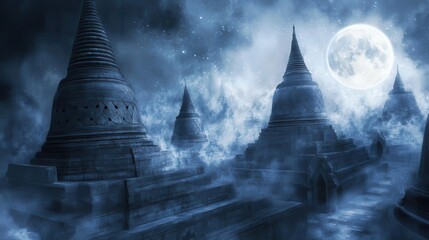 Mysterious Ancient Temples Under Moonlight Surrounded by Mist and Shadows at Night