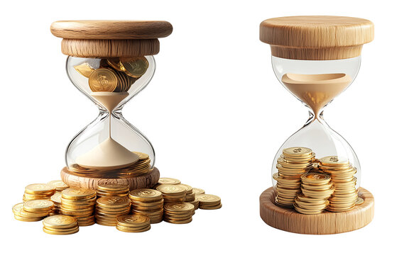 3d time is money, wood hourglass with stack gold coins png icon. Glass sand clock with cash pile isolated on clean and clear white background.. Business finance success investment concept