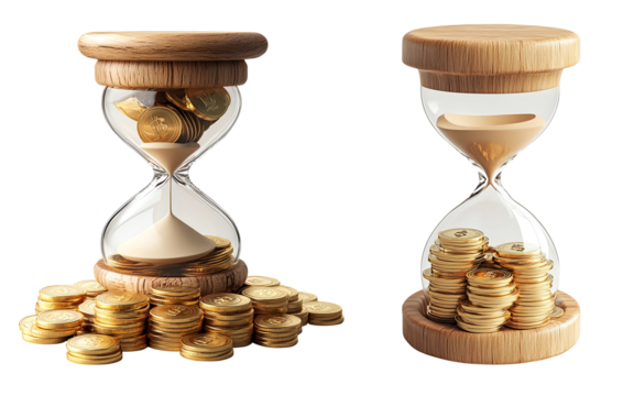 3d time is money, wood hourglass with stack gold coins png icon. Glass sand clock with cash pile isolated on clean and clear white background.. Business finance success investment concept