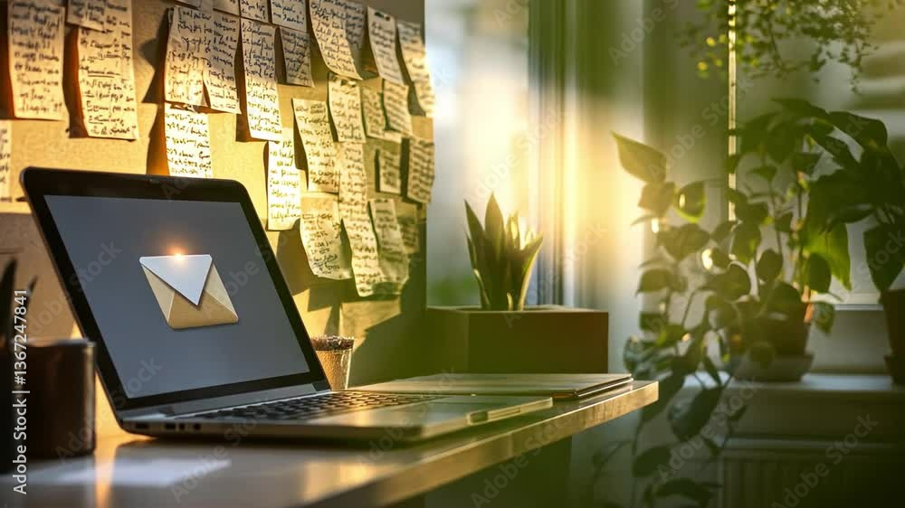 Poster digital workspace: an inviting laptop sits on a desk, displaying an email icon, beside a vibrant dis