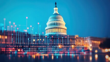Digital Transformation Concept Over The United States Capitol Building With Binary Code Overlay At Dusk