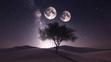 Mysterious Desert Landscape with Two Moons and Starry Sky at Night
