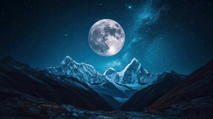 Majestic Night Sky Featuring Full Moon Over Snow-Capped Mountains Under Starry Atmosphere