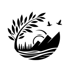 Serene Black & White Nature Silhouette: Mountain, Tree, Birds, and Sun