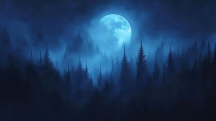Mysterious Moonlit Forest with Dense Fog and Tall Pine Trees Under a Dark Blue Sky