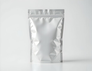 Shiny Silver Pouch Standing Upright on White Surface Ready for Packaging