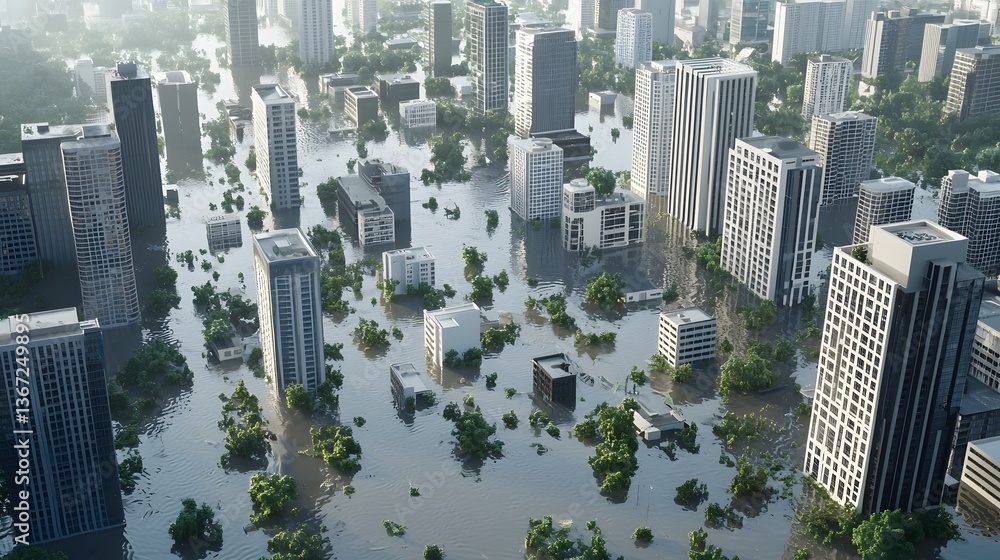 Poster digital map displaying flood prone areas and optimized drainage routes for enhanced urban climate re
