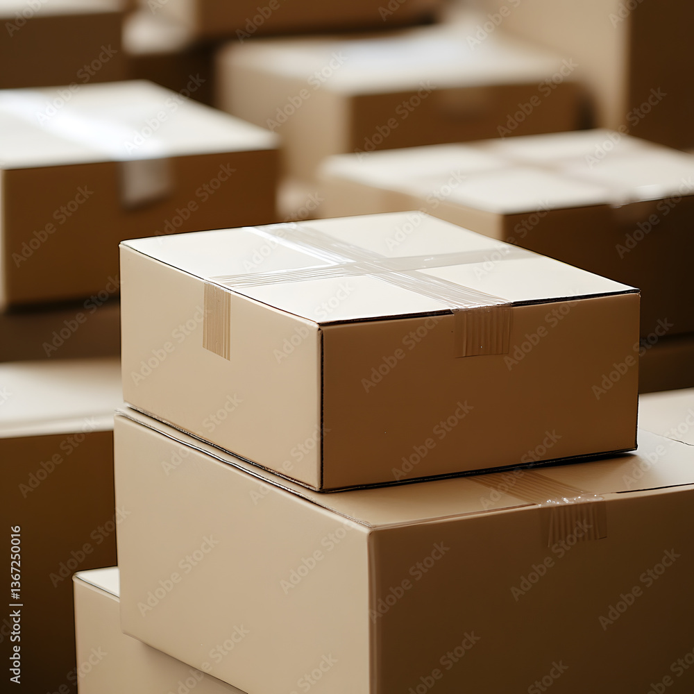 Poster a stack of neatly arranged cardboard boxes, showcasing a variety of sizes and shapes, set against a 