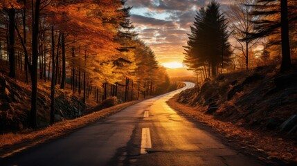 Obraz premium A road stretches toward the horizon, bordered by trees transitioning from green to brilliant red and orange as sunset casts vivid colors across the sky, creating an enchanting atmosphere.