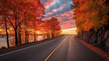 Fototapeta premium A road stretches toward the horizon, bordered by trees transitioning from green to brilliant red and orange as sunset casts vivid colors across the sky, creating an enchanting atmosphere.