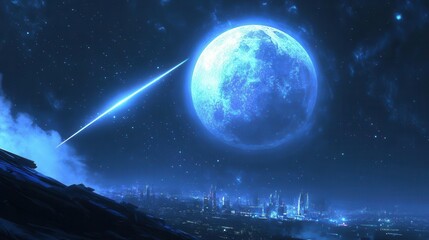 Night Sky Illuminated by a Bright Blue Moon and Shooting Star Over a City Landscape