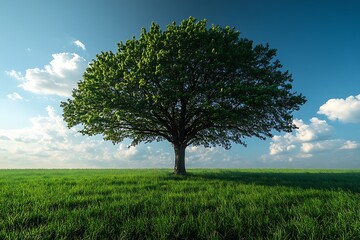Obraz premium A large green tree stands alone on a grassy field