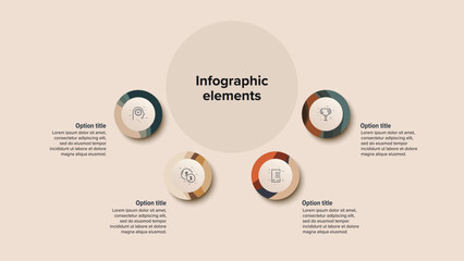 Business process chart infographics with 4 step circles. Round workflow graphic elements. Company flowchart presentation slide. Vector info graphic in flat design