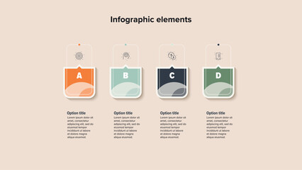 Business process chart infographics with 4 step squares. Rectangular workflow graphic elements. Company flowchart presentation slide. Vector info graphic in flat design