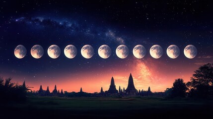 Phases of the Moon Over Ancient Temples Against a Starry Night Sky in a Cosmic Landscape