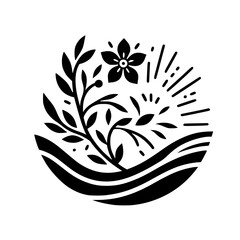 Fototapeta premium Black and White Botanical Circle: Minimalist Design with Flower and Leaves
