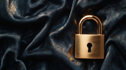 Luxury golden padlock resting on black velvet offers elegant branding opportunities and copy space for exclusive messaging