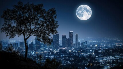 Nighttime Cityscape Under a Full Moon with Illuminated Skyline and Lush Tree Silhouette