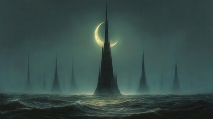 Mysterious Silhouettes of Towers Rising from an Ocean Under a Crescent Moon at Night