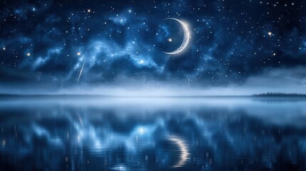 Serene Night Sky with a Full Moon and Stars Reflected on Calm Water Surface