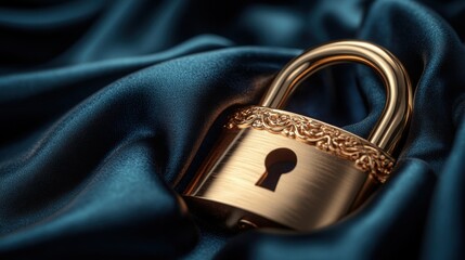 A golden padlock is showcased on a plush black velvet surface, illuminated by soft lighting, creating a luxurious atmosphere perfect for branding and messaging.