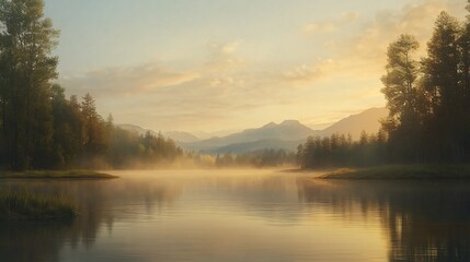 Fototapeta premium Misty sunrise lake, mountain backdrop, peaceful nature scene, perfect for travel brochures
