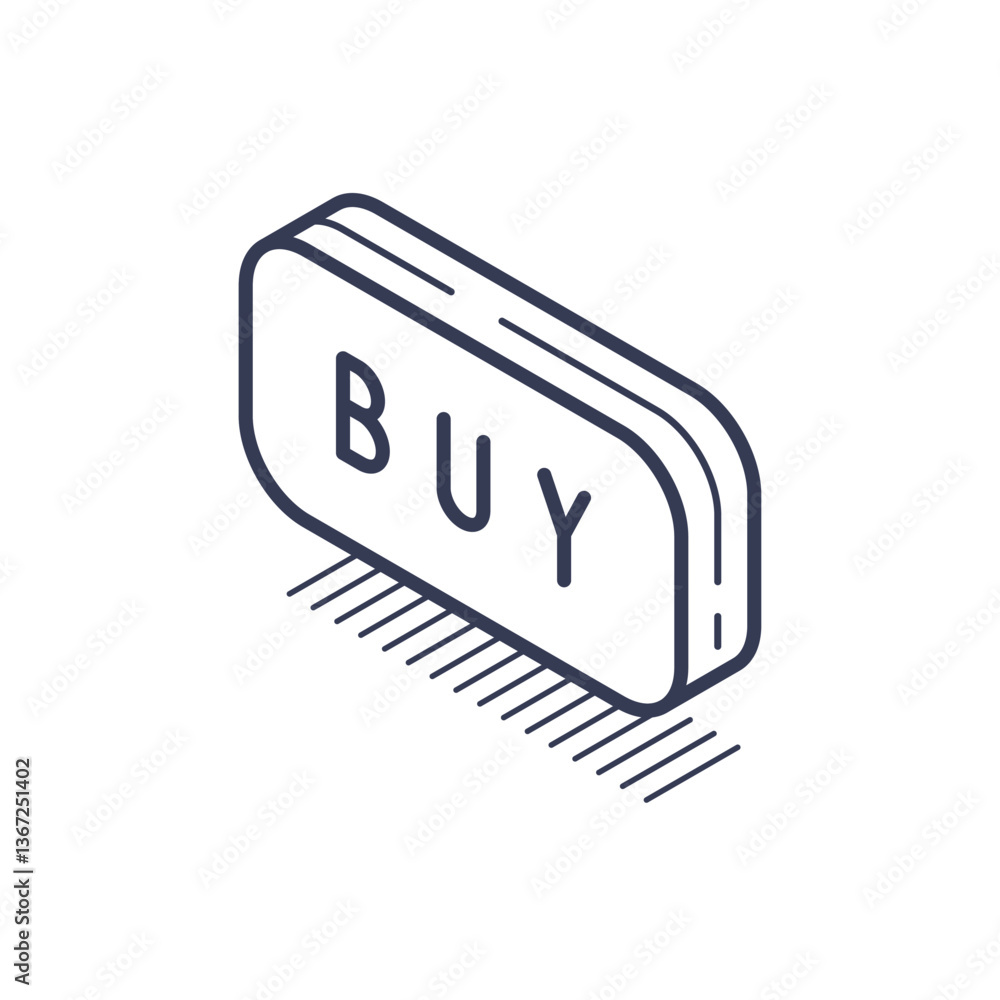 Poster clean and minimalist isometric line icon features a stylized buy button, emphasizing a simple yet ef