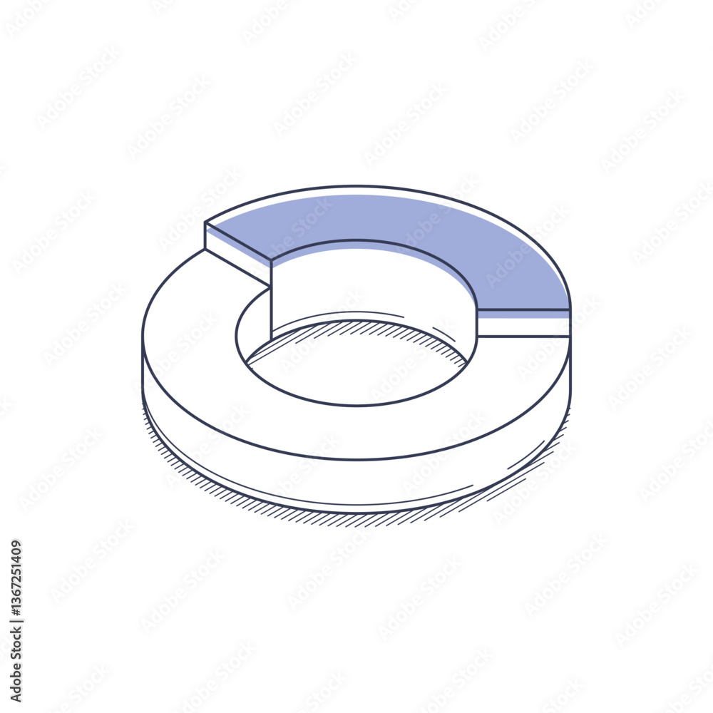 Poster isometric line design features a doughnut shape with segments shaded in light blue and white. it ser