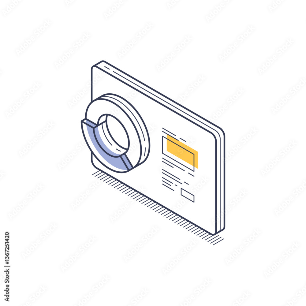 Poster design showcases an isometric line icon of a pie chart, emphasizing clarity and modern aesthetics. i