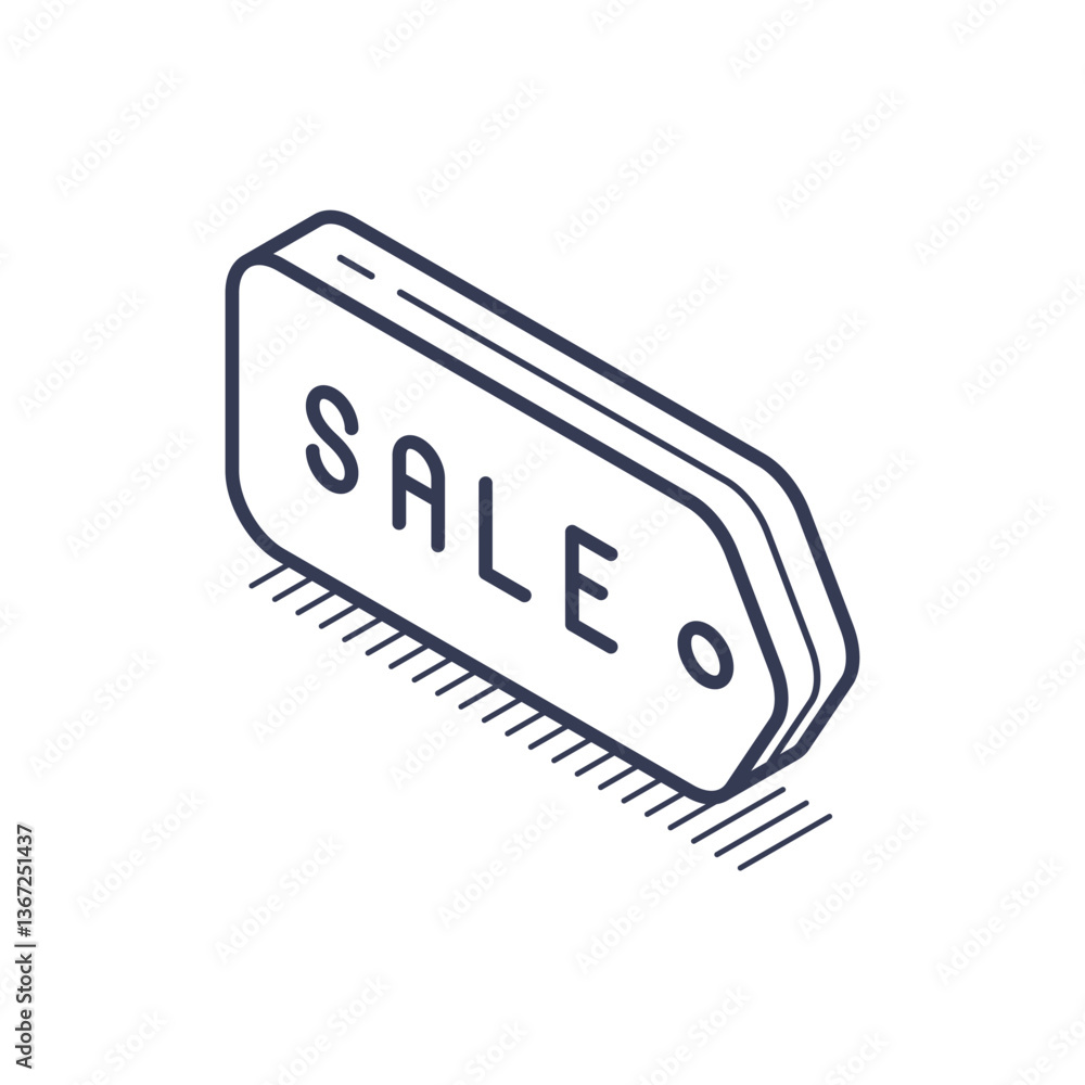 Poster clean and minimalist isometric line icon features a stylized sale button, emphasizing a simple yet e