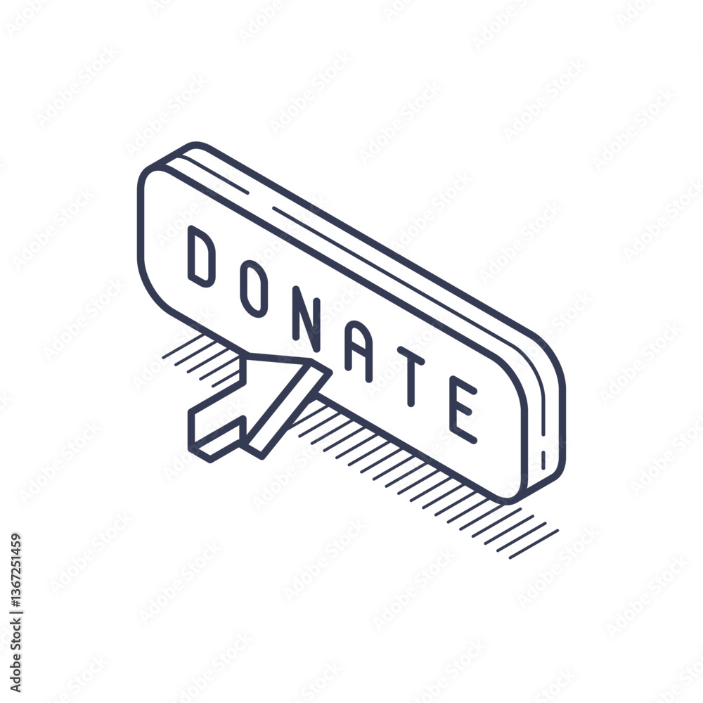 Poster a simple isometric line icon depicts a rectangular button featuring the word donate prominently. des