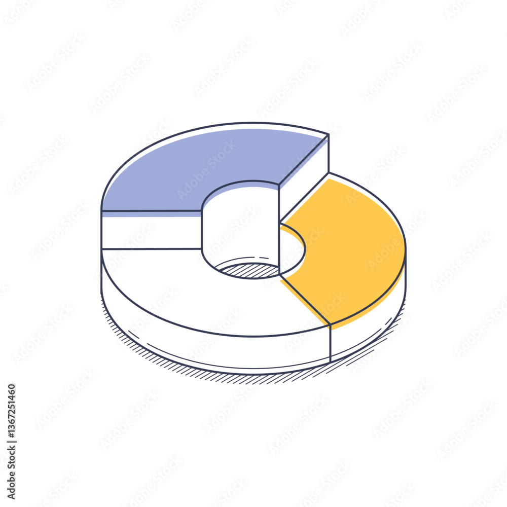 Poster sleek isometric line icon representing a yellow and blue pie chart infographic. it serves as a simpl