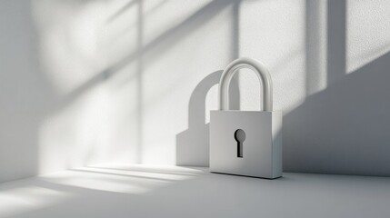 A smooth matte finished padlock floats effortlessly against a clean white background emphasizing security. Soft shadows create a minimalist aesthetic, highlighting the simplicity of protection.