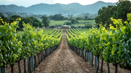 Obraz premium vineyard vista a picturesque landscape showcasing rows of grapevines with distant mountains creating a serene and idyllic agricultural scene