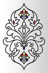 Black and white floral ornament with skull and vintage decorative elements.