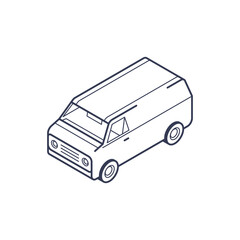 Detailed isometric line icon of a delivery van. Design emphasizes modern aesthetics with clean outlines and a focus on vehicular attributes, suitable for infographics.