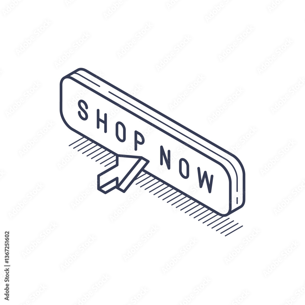 Poster isometric line icon represents a shop now button, featuring a sleek design suitable for modern ecomm