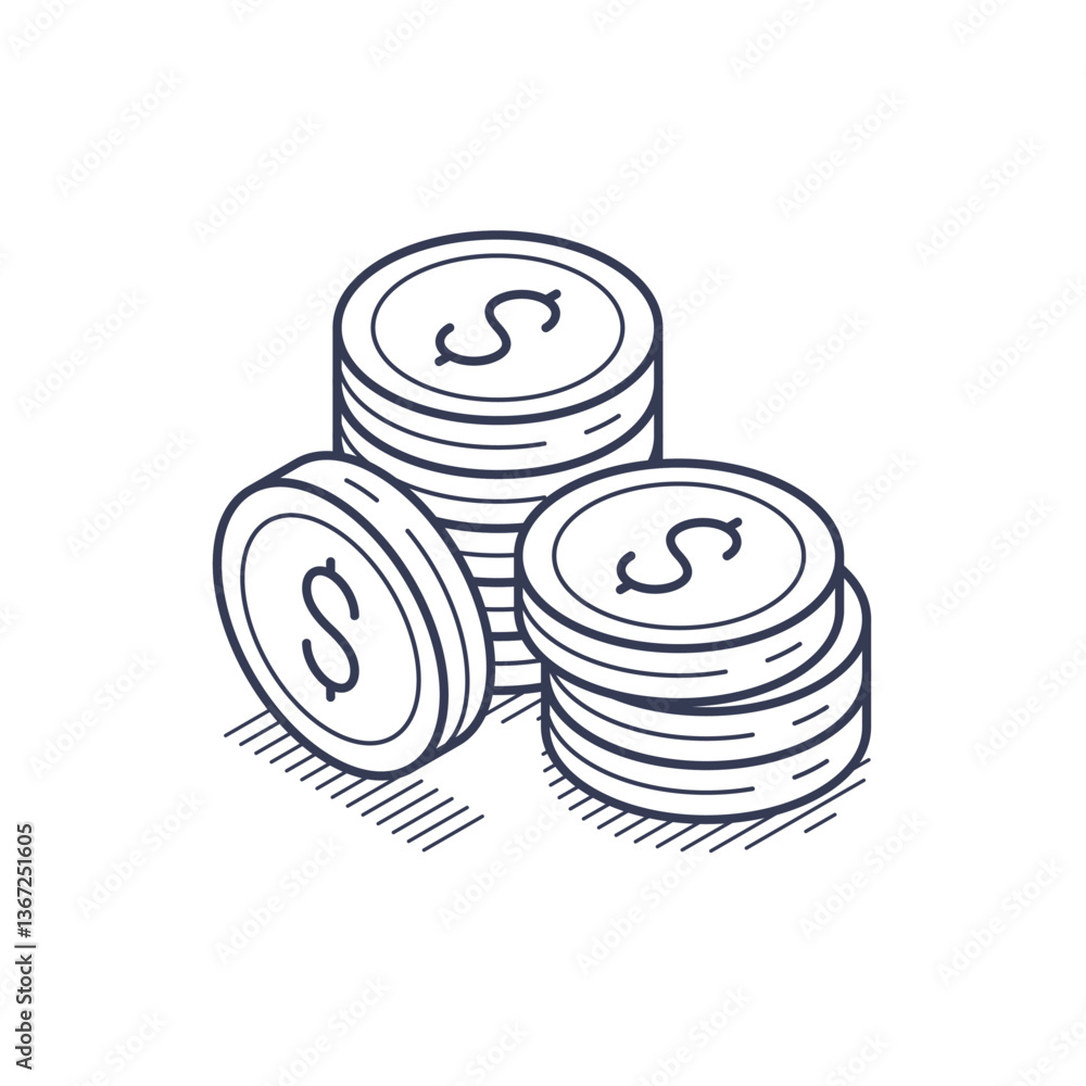 Poster design features a detailed isometric representation of several dollar coins stacked in two groups. i