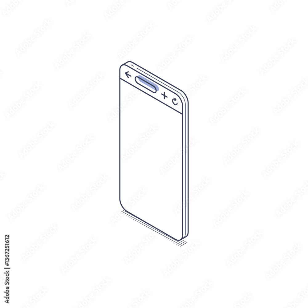 Poster illustration showcases a smartphone in isometric line art style. design features a minimal outline h