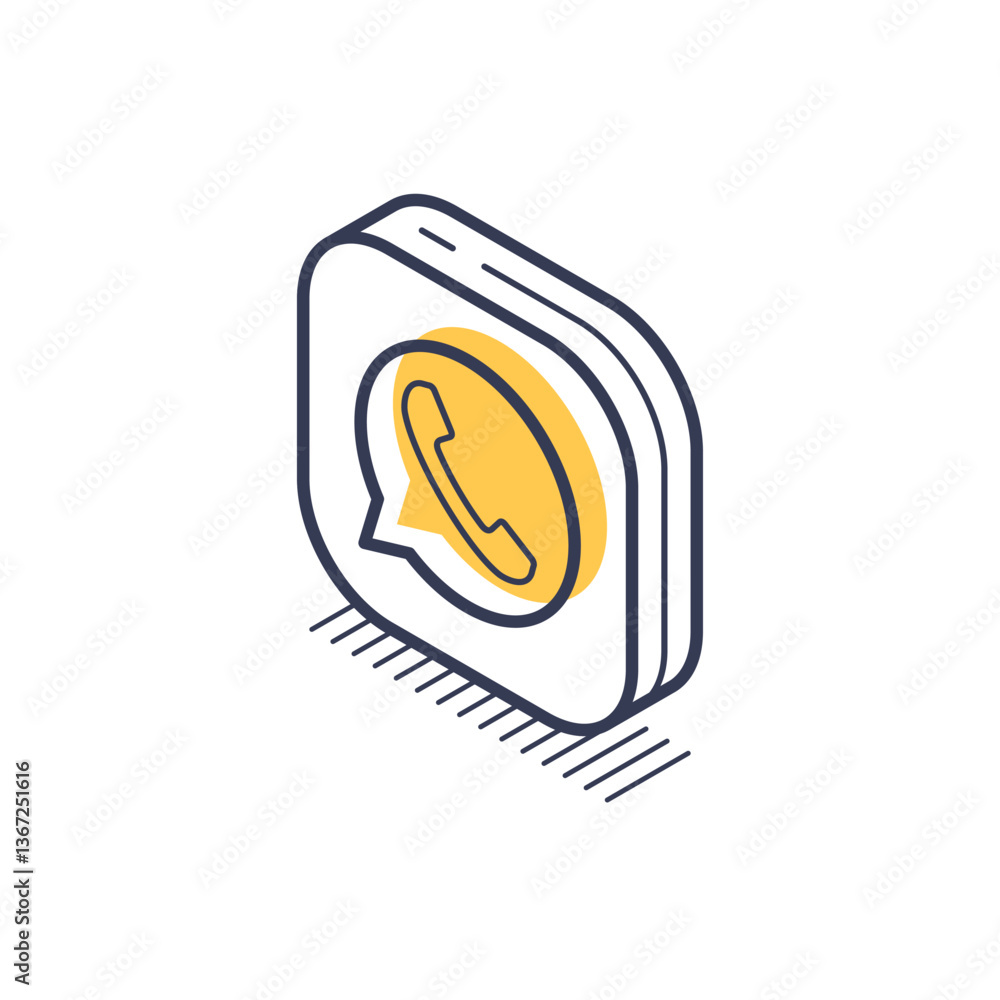 Poster isometric line icon features a call symbol inside a speech bubble. it represents modern communicatio