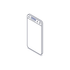 Illustration showcases a smartphone in isometric line art style. Design features a minimal outline highlighting the device's shape and buttons, suitable for use in modern digital projects