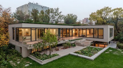 Fototapeta premium Sustainable green building with an integrated rainwater harvesting and system designed to conserve water and promote environmental responsibility in urban areas