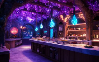 Enchanted fantasy bar interior.  Purple lighting, glowing pendants, and magical decor create a whimsical atmosphere. Perfect for fantasy, game, or magical themed projects.